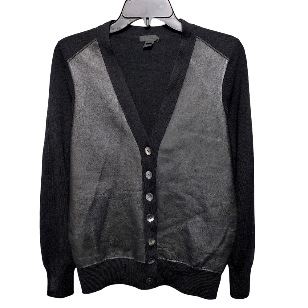 J. Crew Collection Leather Front Wool Button Cardigan Sweater Womens Size Small